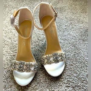 Blue by Betsey Johnson embellished high heel with ankle strap in ivory.